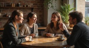 Een diverse groep jongeren bespreekt relaties in een gezellige café