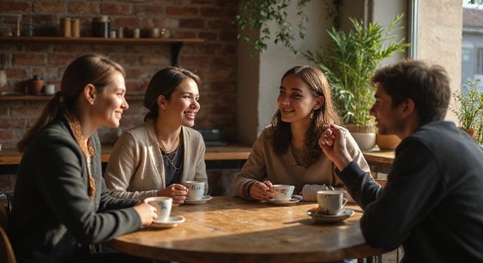 Een diverse groep jongeren bespreekt relaties in een gezellige café.