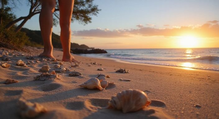 Een rustige strandscene met schelpen en voetafdrukken in het zand.