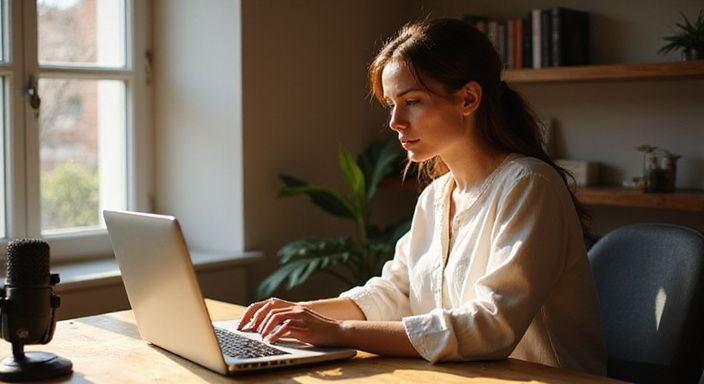 Een vrouw werkt gefocust achter haar bureau in een thuisomgeving. Een vrouw werkt gefocust achter haar bureau in een thuisomgeving.