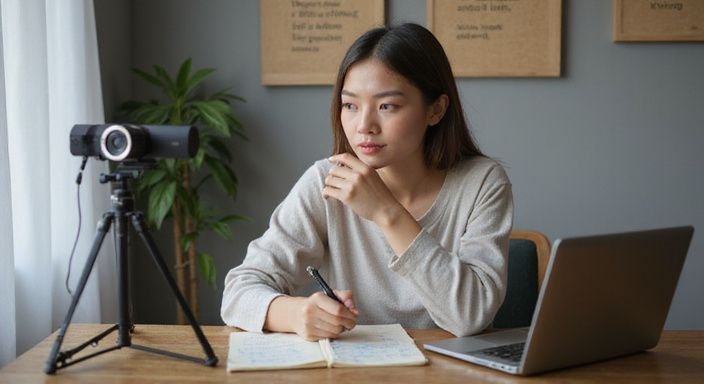 Een jonge vrouw zit geconcentreerd achter een bureau met laptop. Een jonge vrouw zit geconcentreerd achter een bureau met laptop wil webcammodel worden.