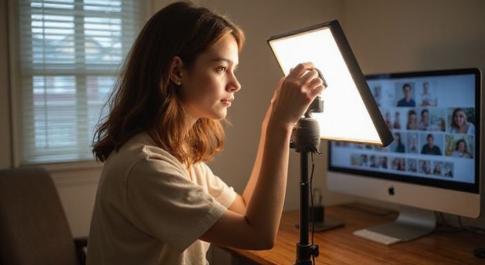 Een jonge vrouw past een softbox aan in haar thuisstudio. Een jonge vrouw past een softbox aan in haar thuisstudio.