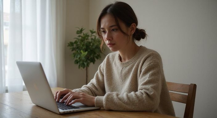 Jonge vrouw werkt geconcentreerd aan laptop aan een eenvoudig bureau. Jonge vrouw werkt geconcentreerd aan laptop aan een eenvoudig bureau en wil webcammodel worden.