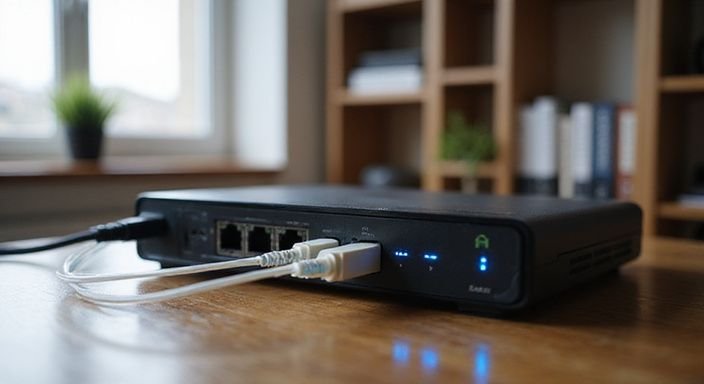 Een router met een glasvezelkabel in een georganiseerde thuiskantooromgeving. Een router met een glasvezelkabel in een georganiseerde thuiskantooromgeving.