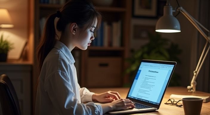 Een jonge vrouw geconcentreerd achter een bureau met papieren en laptop. Een jonge vrouw geconcentreerd achter een bureau met papieren en laptop wil webcammodel worden.