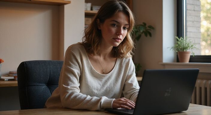 Een vrouw werkt geconcentreerd achter haar laptop in een thuis kantoor. Een vrouw werkt geconcentreerd achter haar laptop in een thuis kantoor.