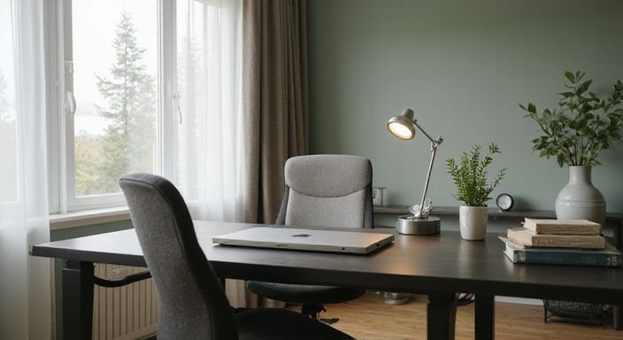 Een stijlvolle en rustige thuiswerkplek met moderne inrichting en decoratie. Een stijlvolle en rustige thuiswerkplek met moderne inrichting en decoratie.