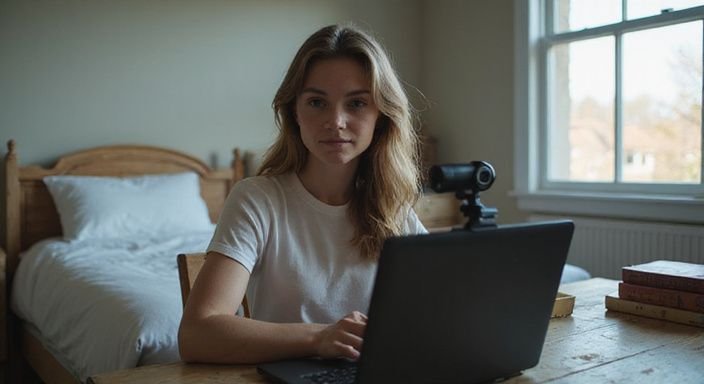 Een jonge vrouw gefocust achter een laptop in een eenvoudige slaapkamer. Een jonge vrouw gefocust achter een laptop in een eenvoudige slaapkamer wil graag webcammodel worden.