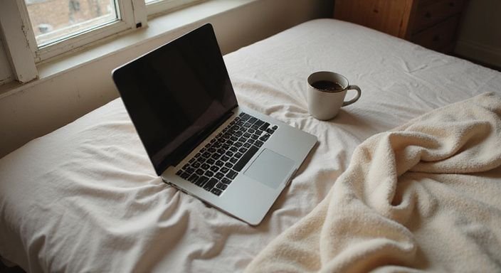 Een moderne laptop op een bed met een kopje koffie erbij. Een moderne laptop op een bed met een kopje koffie erbij.