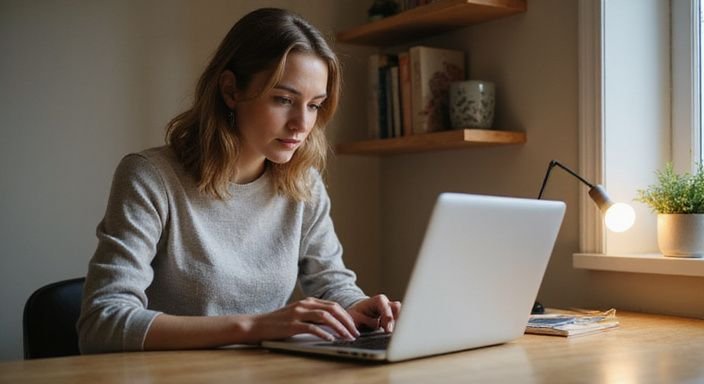 Een vrouw werkt geconcentreerd achter haar laptop in een thuiswerkruimte. Een vrouw werkt geconcentreerd achter haar laptop in een thuiswerkruimte.