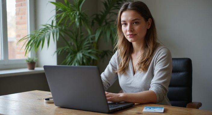 Een jonge vrouw werkt geconcentreerd achter haar laptop aan een houten bureau. Een jonge vrouw werkt geconcentreerd achter haar laptop aan een houten bureau.