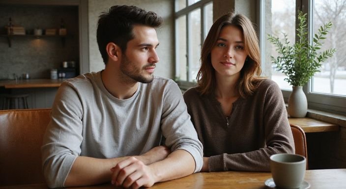 Een jongeman en jongedame delen een intieme, casual momenten in een café.