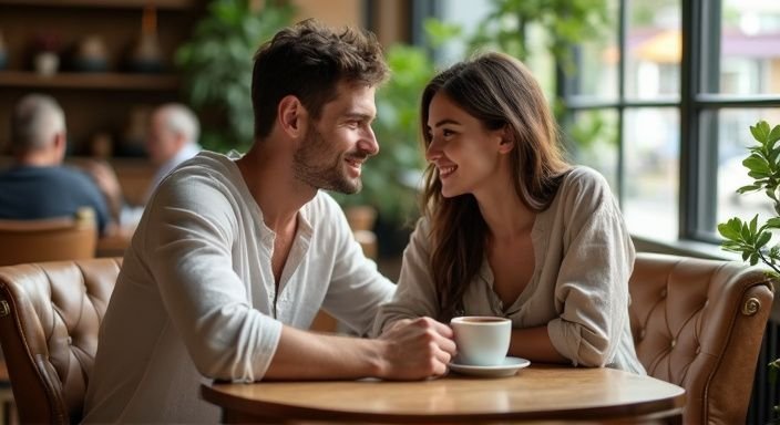 Een jongeman en vrouw genieten van elkaar in een café.