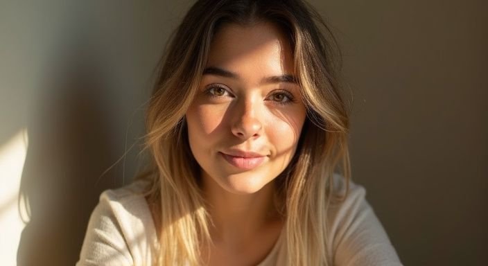 Een vrouw in een comfortabele blouse met een oprechte glimlach.