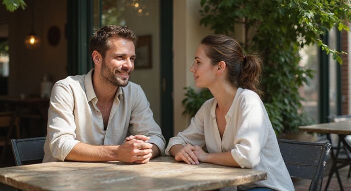 Twee mensen genieten van een gesprek over flirten met vrouwen aan een houten tafel.