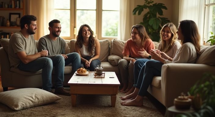 Zes vrienden lachen gezellig samen in een warme woonkamer.
