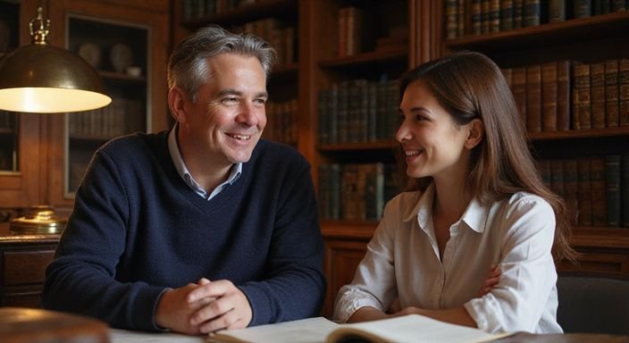 Een man en vrouw delen een oprechte, bemoedigende conversatie over flirten met vrouwen in een kantoor.