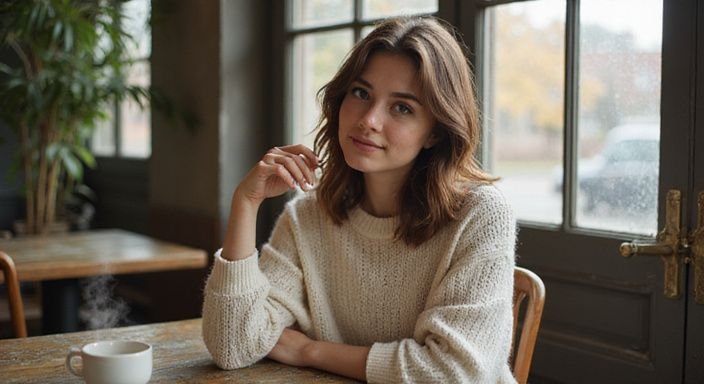Een jonge vrouw glimlacht vrolijk aan een houten café tafel.