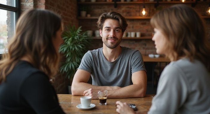 Jongeman geniet van een warme ontmoeting in een café en gaat flirten met vrouwen.