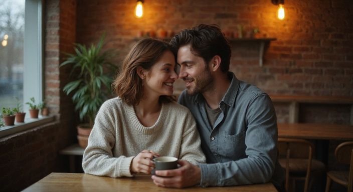 Een jong stel geniet samen van koffie in een gezellig café.