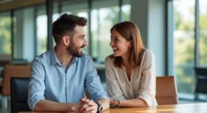 Een jonge man en vrouw lachen samen in een moderne kantoorruimte