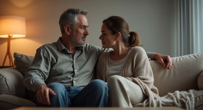 Een man en vrouw hebben een serieus gesprek over flirten met vrouwen op de bank.