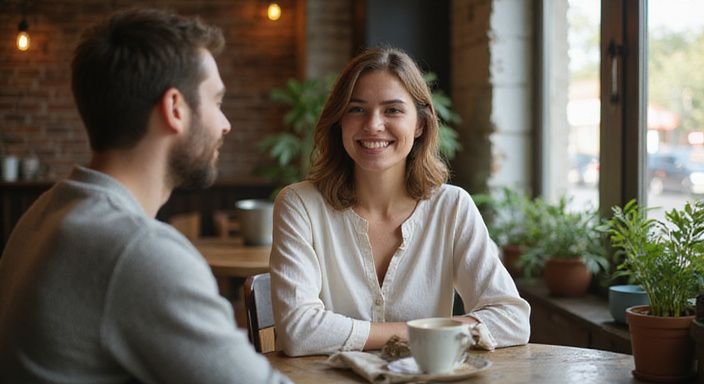 Een jonge vrouw met een ontspannen glimlach zit in een café.