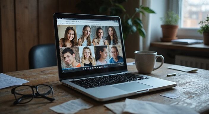 Een rommelige bureau met een laptop en cam dating websites. Een rommelige bureau met een laptop en cam dating websites voor flirten met webcammeiden.