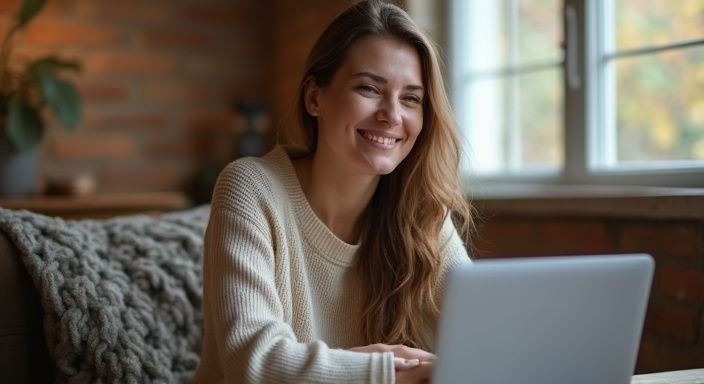 Een vrouw in een gezellige woonkamer geniet van een videogesprek. Een vrouw in een gezellige woonkamer geniet van een videogesprek tijdens flirten met webcammeiden.
