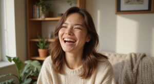 Vrouw lacht gelukkig tijdens videogesprek in huiselijke omgeving