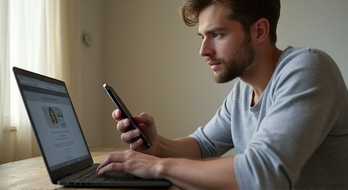 Een jonge man vergelijkt twee datingplatforms met laptop en smartphone. Een jonge man vergelijkt twee datingplatforms met laptop en smartphone.