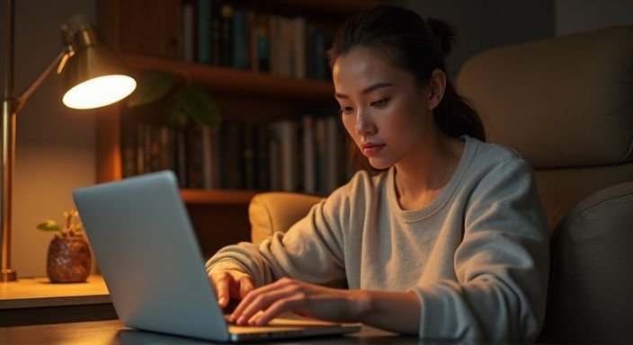Een persoon in een intieme kamer, geconcentreerd op hun laptop. Een persoon in een intieme kamer, geconcentreerd op hun laptop.