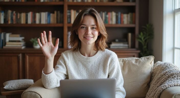 Een jonge vrouw in een comfortabele stoel, vriendelijk lachend tijdens videogesprek. Een jonge vrouw in een comfortabele stoel, vriendelijk lachend tijdens videogesprek voor flirten met webcammeiden.