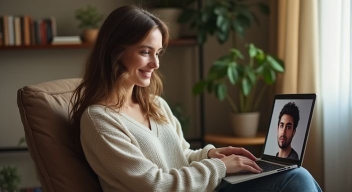 Vrouw in woonkamer videochat met enthousiaste gesprekspartner. Vrouw in woonkamer videochat met enthousiaste gesprekspartner tijdens flirten met webcammeiden.