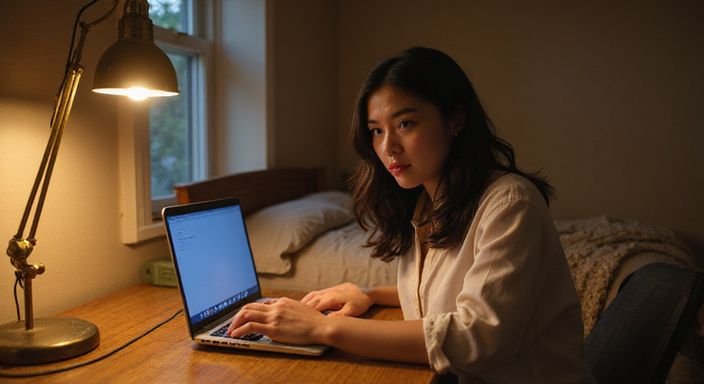 Een jonge vrouw zit geconcentreerd achter een bureau tijdens een videochat. Een jonge vrouw zit geconcentreerd achter een bureau tijdens een videochat.