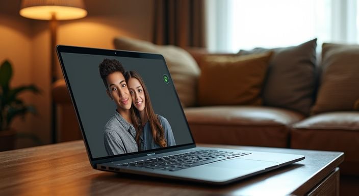Een laptop met avatars op een houten salontafel in een woonkamer. Een laptop met avatars op een houten salontafel in een woonkamer.