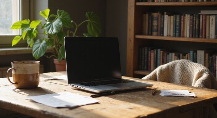 Een laptop op een houten bureau met boeken en een plant. Een laptop op een houten bureau met boeken en een plant.