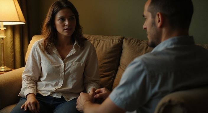 Een man en vrouw delen een emotioneel gesprek over een geheime affaire in hun woonkamer.