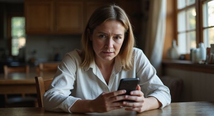 Een vrouw zit alleen aan een tafel, zichtbaar bezorgd over haar telefoon.