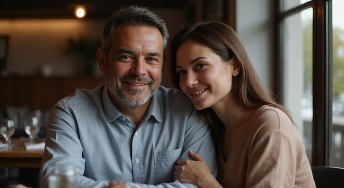 Een intiem moment tussen een man en vrouw in een restaurant die een geheime affaire hebben.