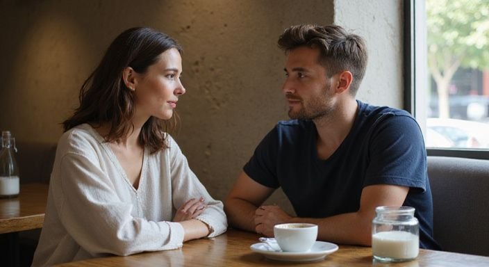 Een vrouw en een man delen een intiem moment tijdens hun geheime affaire in een café.