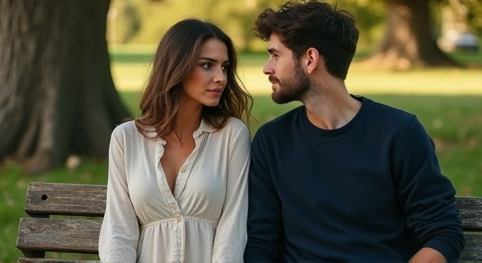 Een man en vrouw zitten op een bank en hebben een geheime affaire.