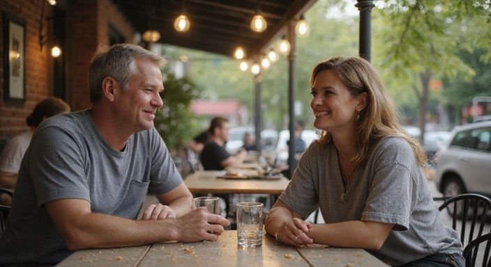 Een man en vrouw genieten van een gesprek over Hoe flirten vrouwen met mannen aan een cafétafel.