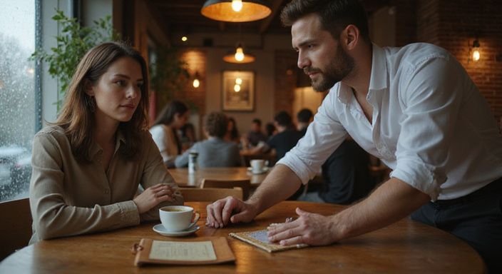 Een vrouw en een ober hebben een gesprek over Hoe flirten vrouwen met mannen in een café.