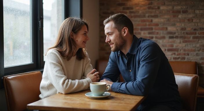 Twee jonge volwassenen delen een intiem moment in een koffiehuis.