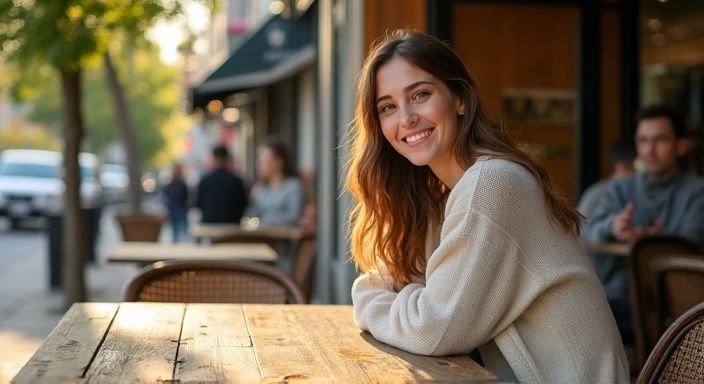 Hoe flirten vrouwen met mannen: Een jonge vrouw glimlacht ontspannen aan een houten café tafel.