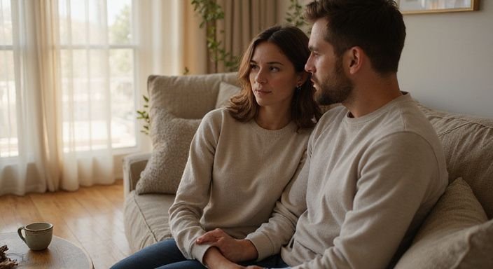 Een vrouw praat geïnteresseerd met een man op een comfortabele bank.