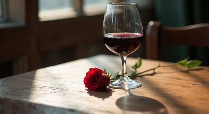 Een rustige cafe tafel met een wijn glas en een roos.