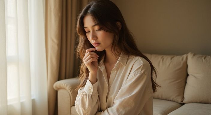 Een jonge vrouw met een serene uitstraling in een gezellige woonkamer.