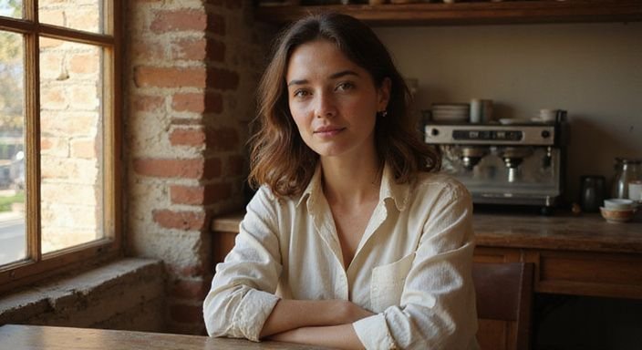 Een vrouw zit ontspannen aan een houten tafel in een café.